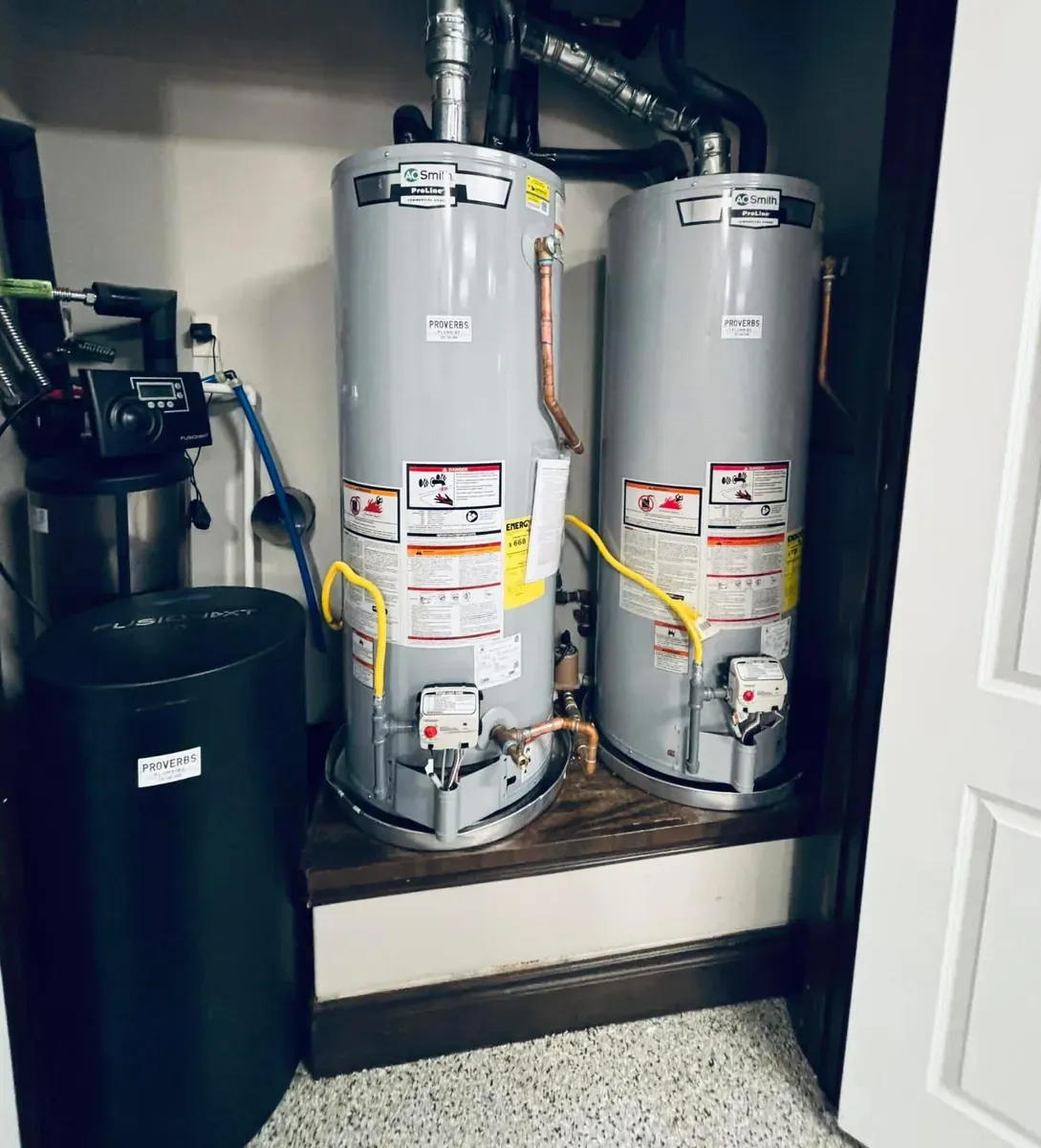 Two new gas water heaters and a water softener neatly installed