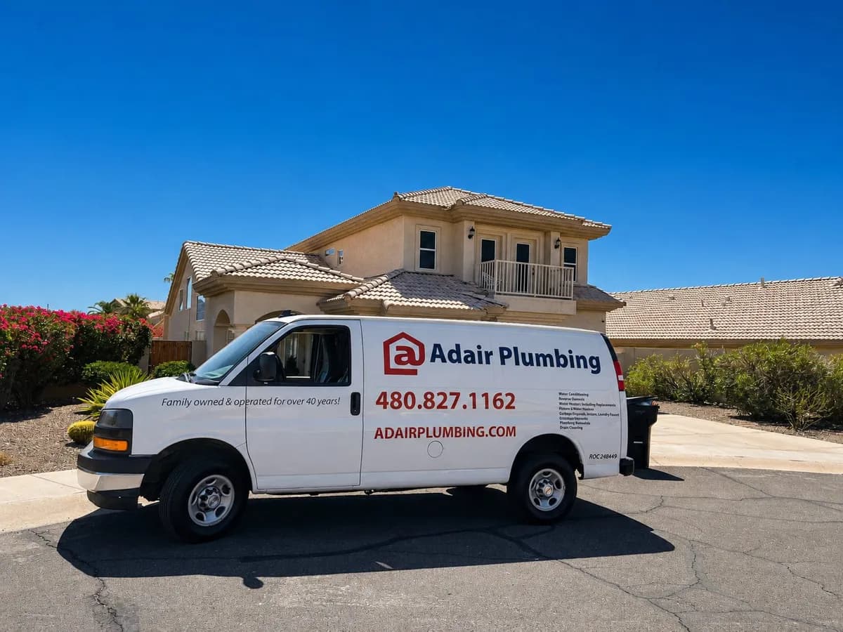 Branded plumbing van parked in front of a home