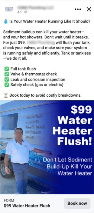 Facebook ad for a plumbing client — promotional offer titled '$99 Water Heater Flush' with a checklist of what's included and a technician standing next to a service van