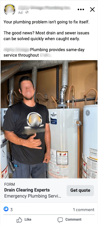 Facebook ad for the same client — companion creative with a technician in front of water heaters using the same 'Your plumbing problem isn't going to fix itself' headline