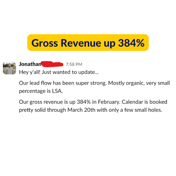Slack message from client Jonathan: gross revenue up 384% in February