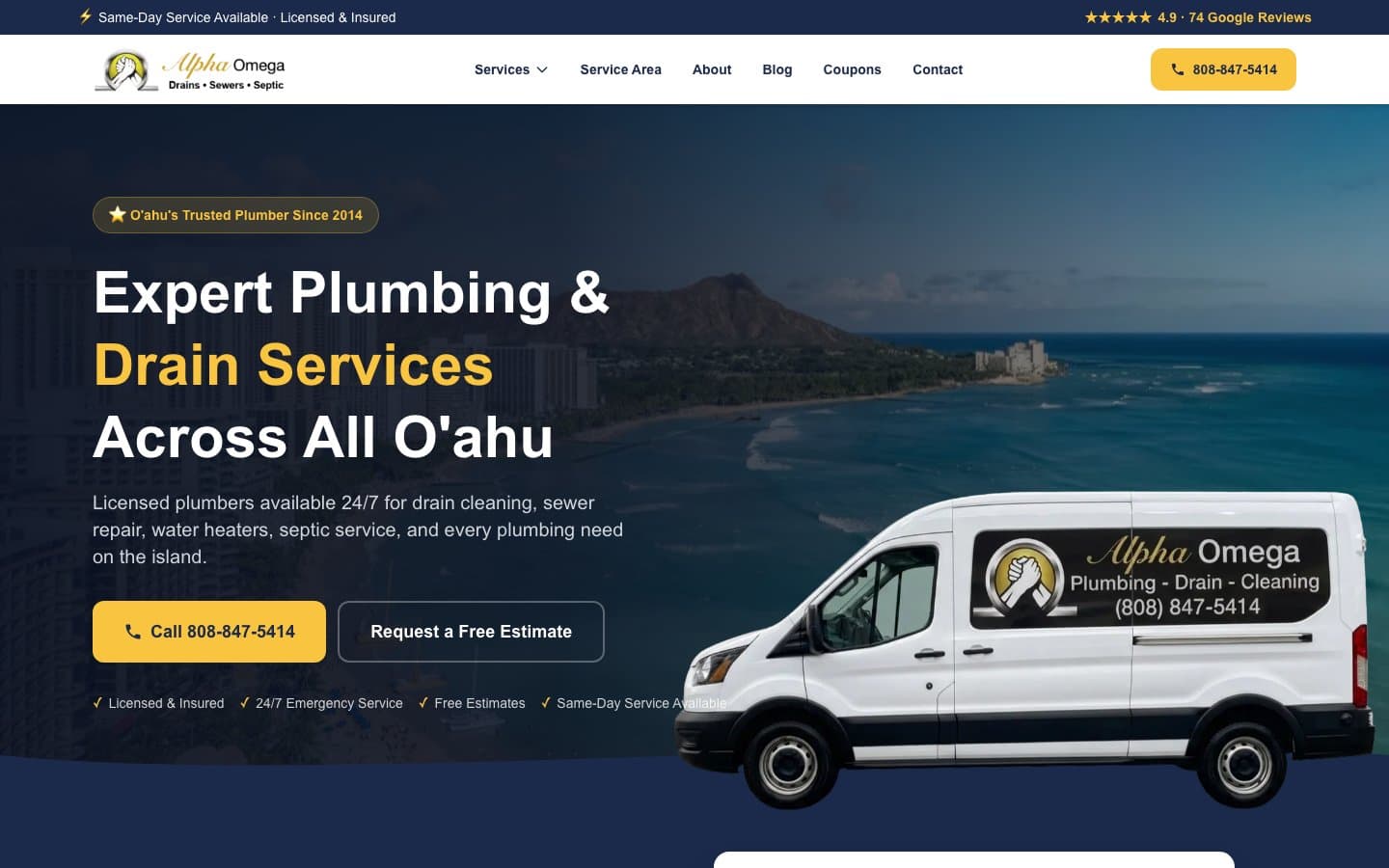 Alpha Omega Plumbing website — built by Roundhouse Plumber Marketing